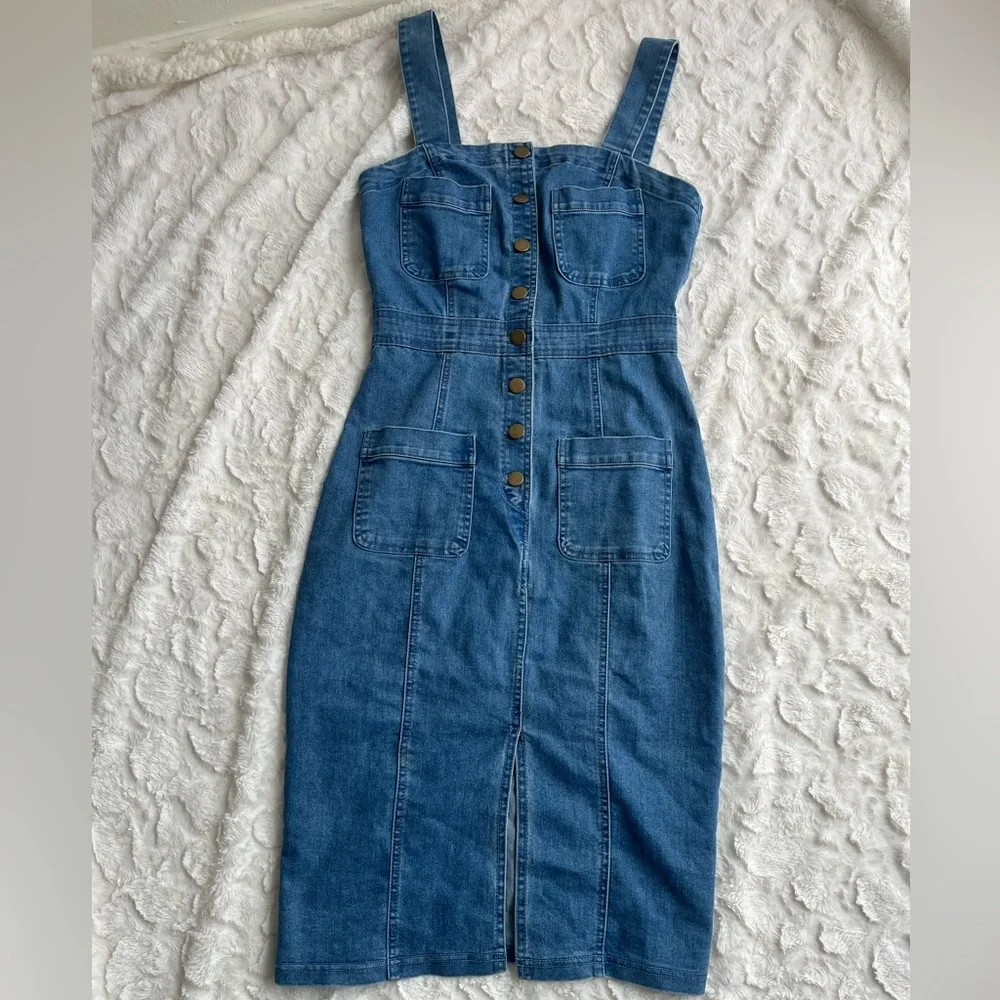 Haute Monde Blue Overalls Denim Button-Front Midi Dress Womens size small - Picture 2 of 7